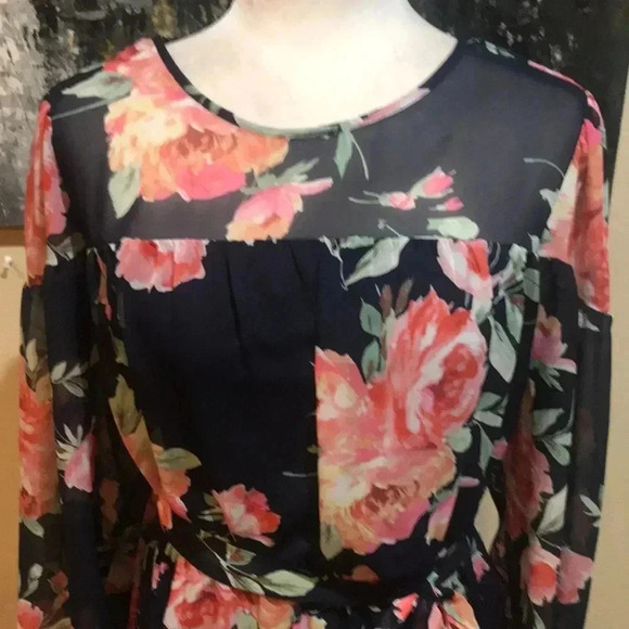 Kate and Lily Long Sleeve Blue and Pink Floral Midi A-Line Dress-Size 12 - Picture 5 of 12